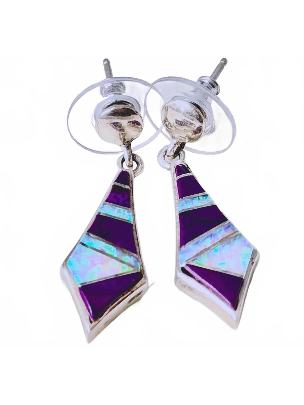 Sterling Sugilite Opal Inlay Dangle Earrings 925 Vintage